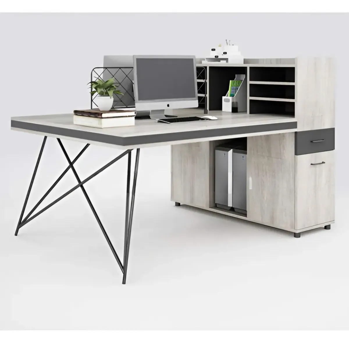 Cụm Bàn Làm Việc 2 Chỗ Chân Sắt Chéo Có Tủ Phụ Và Kệ Lưu Trữ