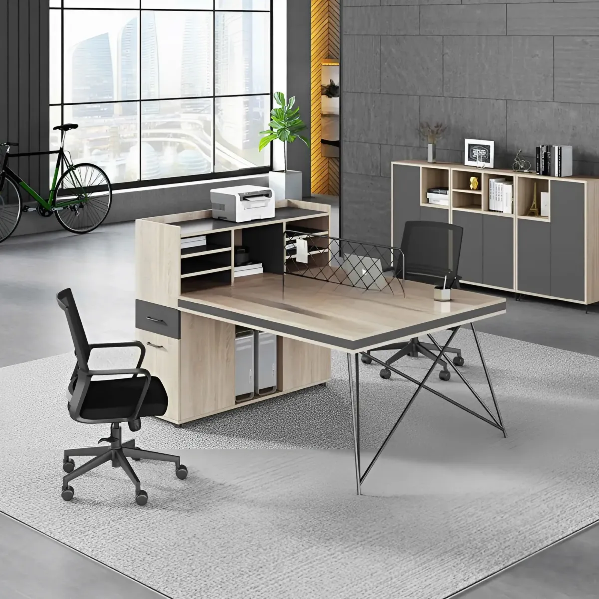 Cụm Bàn Làm Việc 2 Chỗ Chân Sắt Chéo Có Tủ Phụ Và Kệ Lưu Trữ