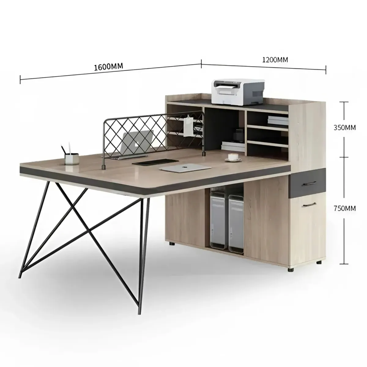 Cụm Bàn Làm Việc 2 Chỗ Chân Sắt Chéo Có Tủ Phụ Và Kệ Lưu Trữ