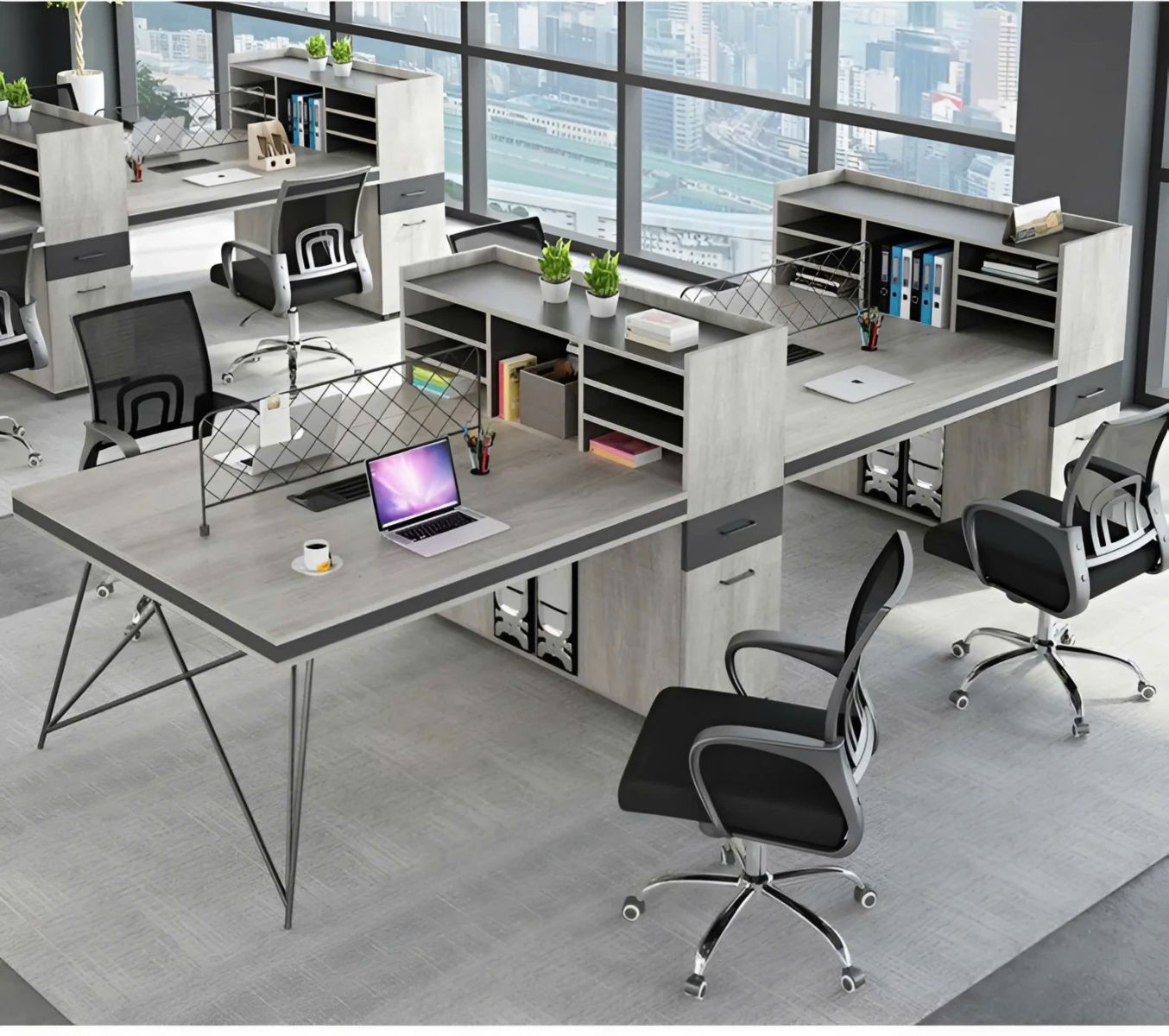 Cụm Bàn Làm Việc 4 Người Kèm Kệ Nhiều Tầng Siêu Gọn