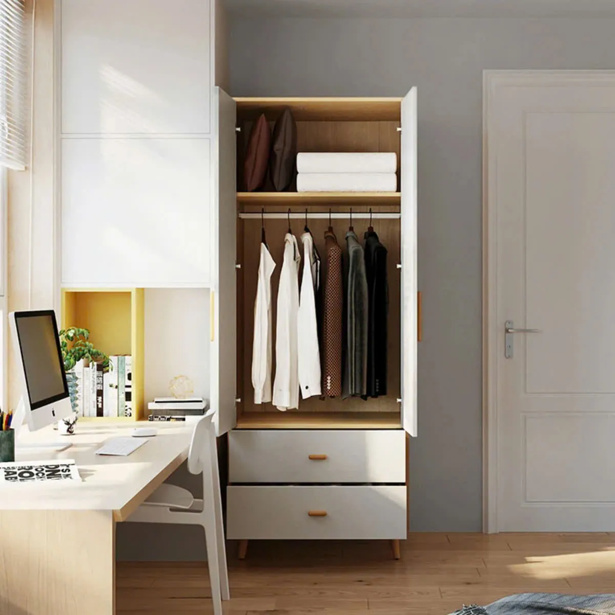 Tủ Quần Áo Gỗ 2 Cánh Có 2 Ngăn Kéo Tiện Lợi 