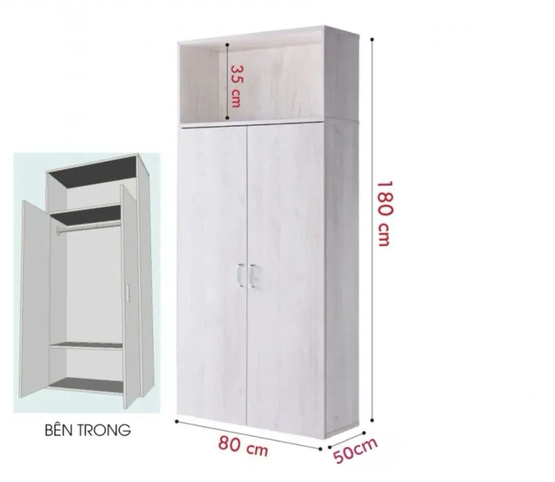 Tủ Quần Áo Gỗ 2 Cánh Kèm Kệ Mở Tiện Lợi