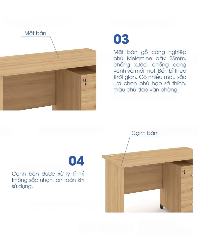 Bàn làm việc văn phòng gỗ công nghiệp màu vân sáng kèm hộc kéo tiện lợi