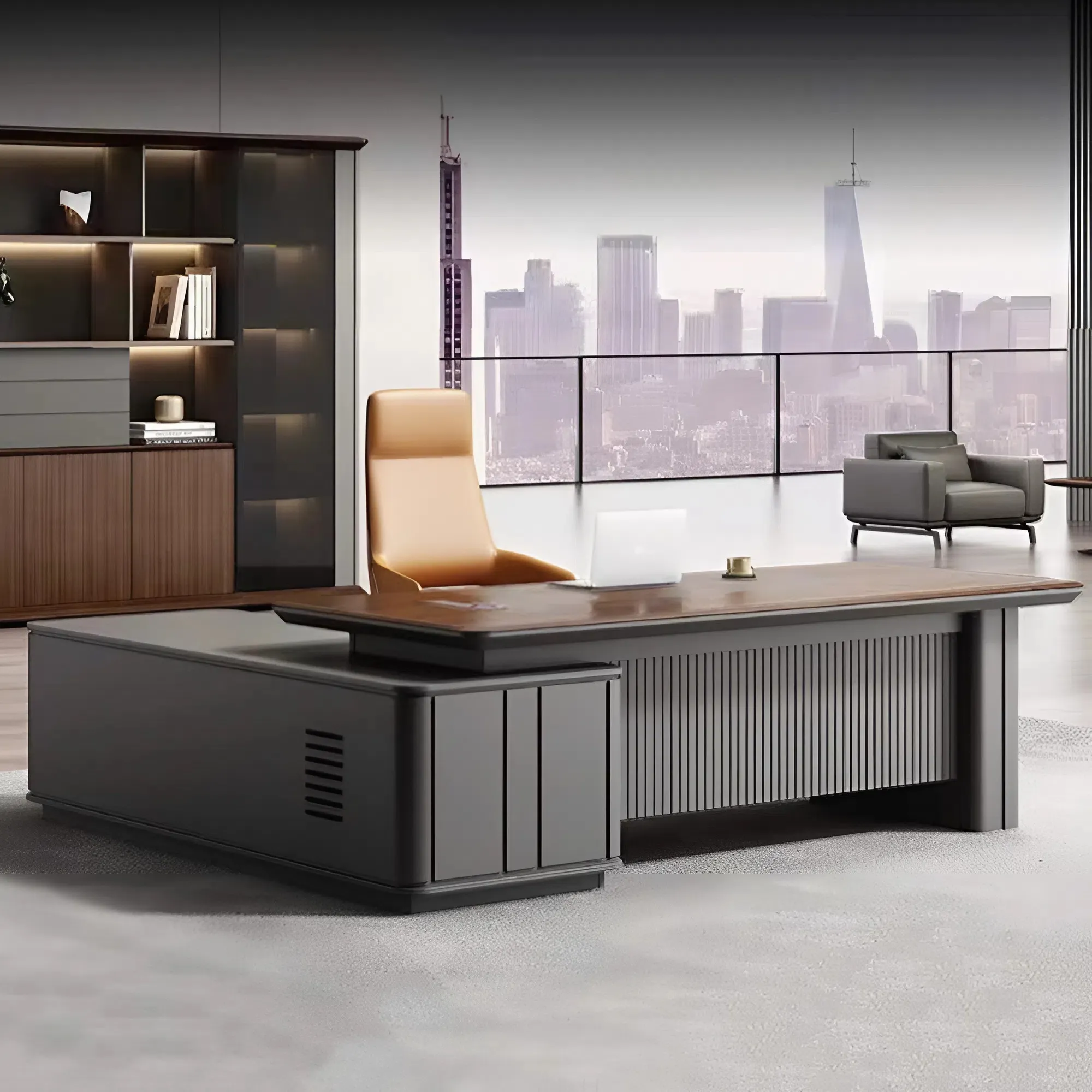 Bàn Giám Đốc Chữ L Luxury Thiết Kế Nan Sóng Dọc Tinh Tế - BGD189
