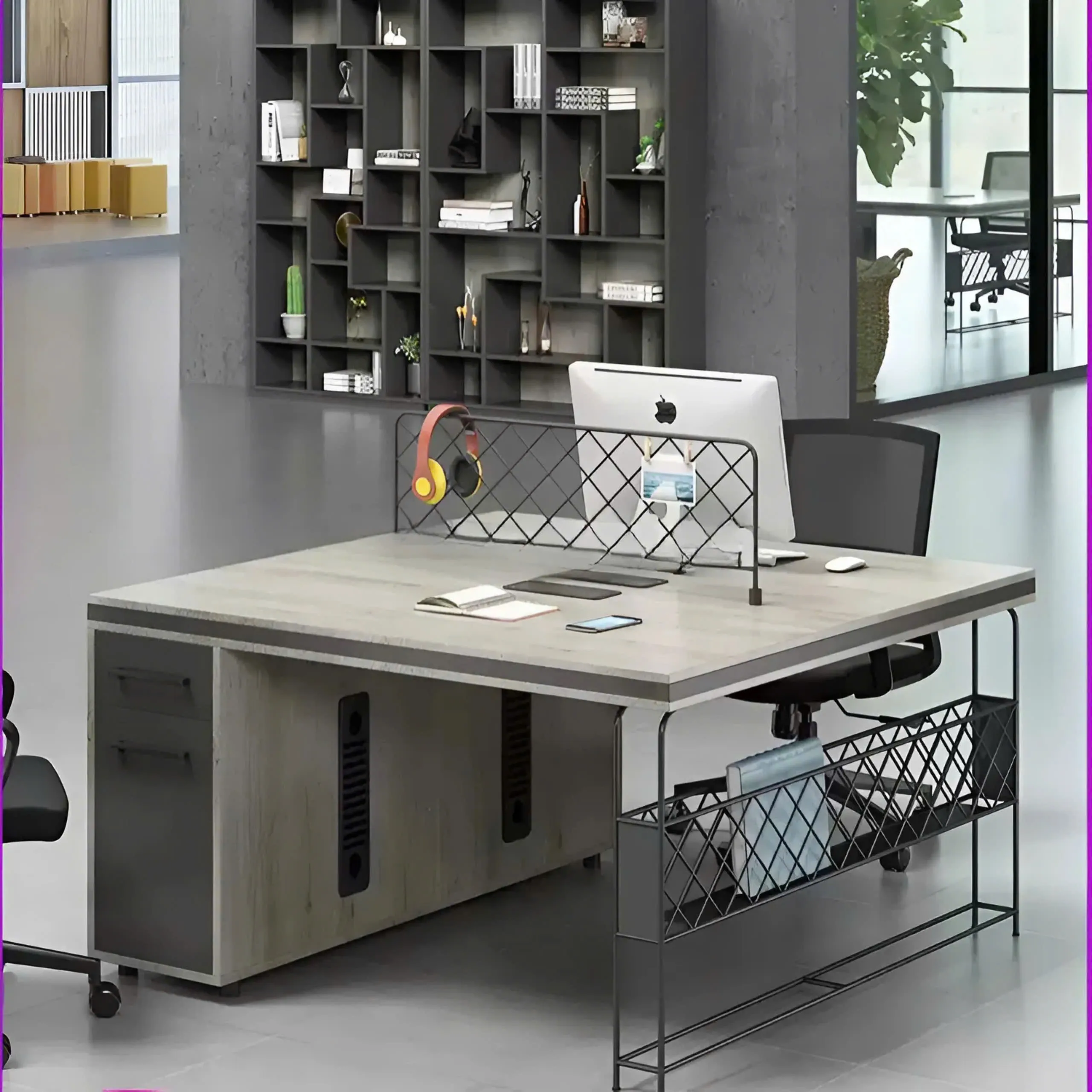 Cụm Bàn Làm Việc 2 Người Tích Hợp Hộc Tủ Và Kệ Sắt Để Hồ Sơ - BC72