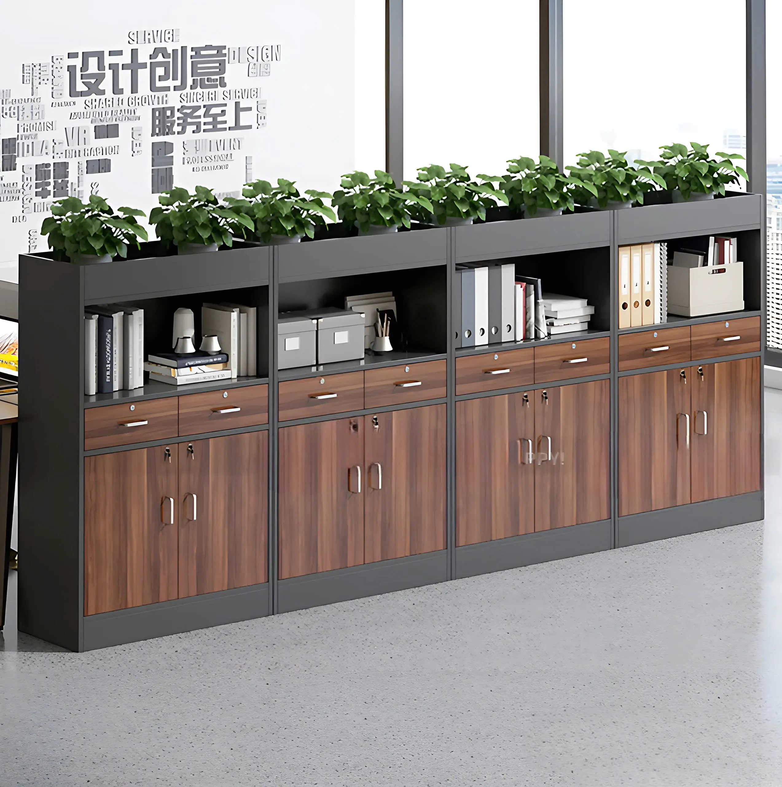 Tủ Tài Liệu Gỗ Để Cây Xanh Thiết Kế Thanh Lịch - THS276
