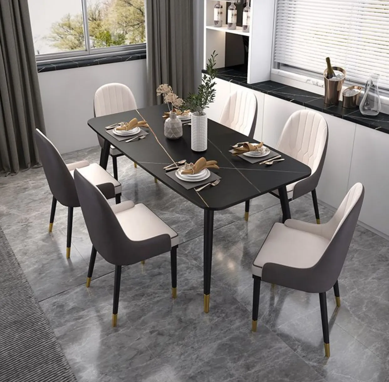 Bàn Ăn Mặt Đá Phiến Màu Đen Cao Cấp - BA5