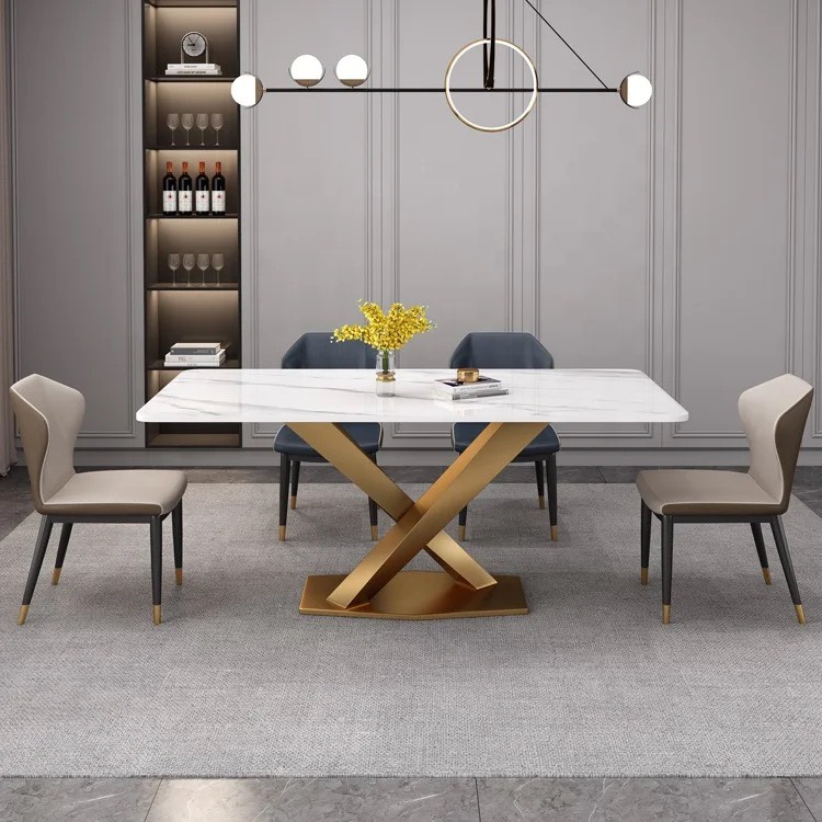 Bàn Ăn Chân Chữ X  Mạ Vàng Mặt Đá Ceramic - BA12