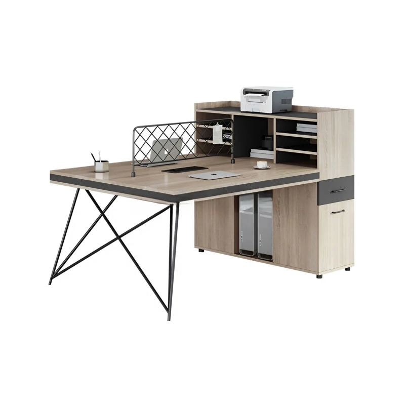 Cụm Bàn Làm Việc 2 Chỗ Chân Sắt Chéo Có Tủ Phụ Và Kệ Lưu Trữ - BC73