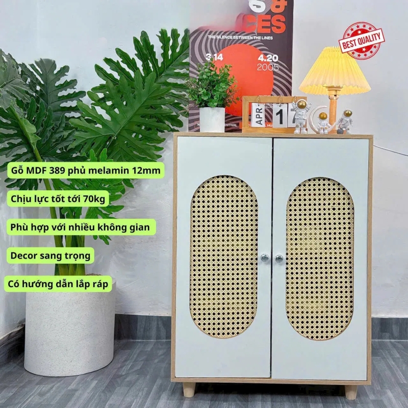 Kệ Giày Dép Gỗ Mây Đan Phong Cách Vintage Sang Trọng - KGD29