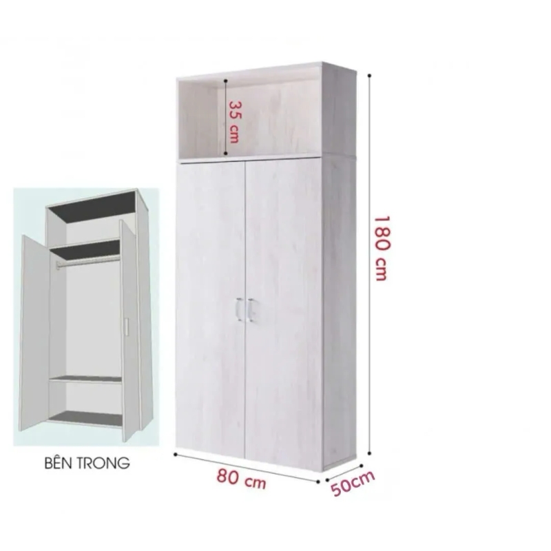 Tủ Quần Áo Gỗ 2 Cánh Kèm Kệ Mở Tiện Lợi - TQA46