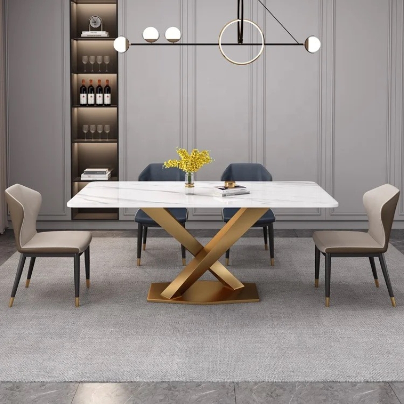 Bàn Ăn Chân Chữ X  Mạ Vàng Mặt Đá Ceramic - BA12
