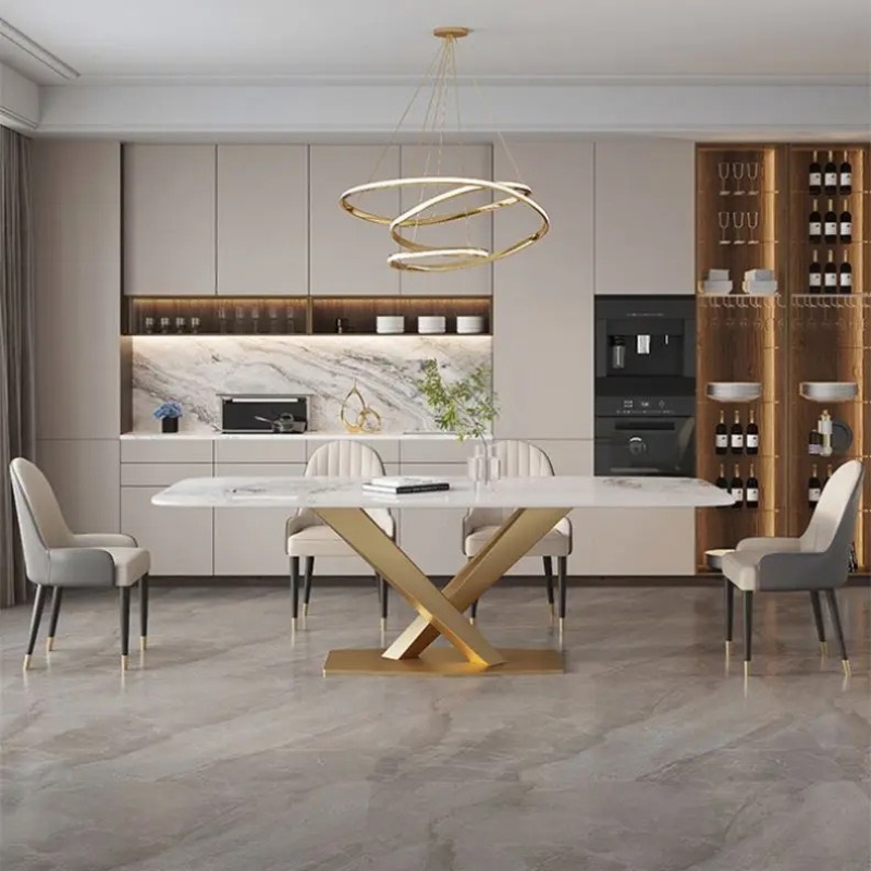Bàn Ăn Chân Chữ X  Mạ Vàng Mặt Đá Ceramic - BA12