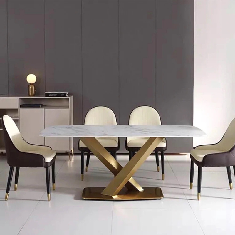 Bàn Ăn Chân Chữ X  Mạ Vàng Mặt Đá Ceramic - BA12