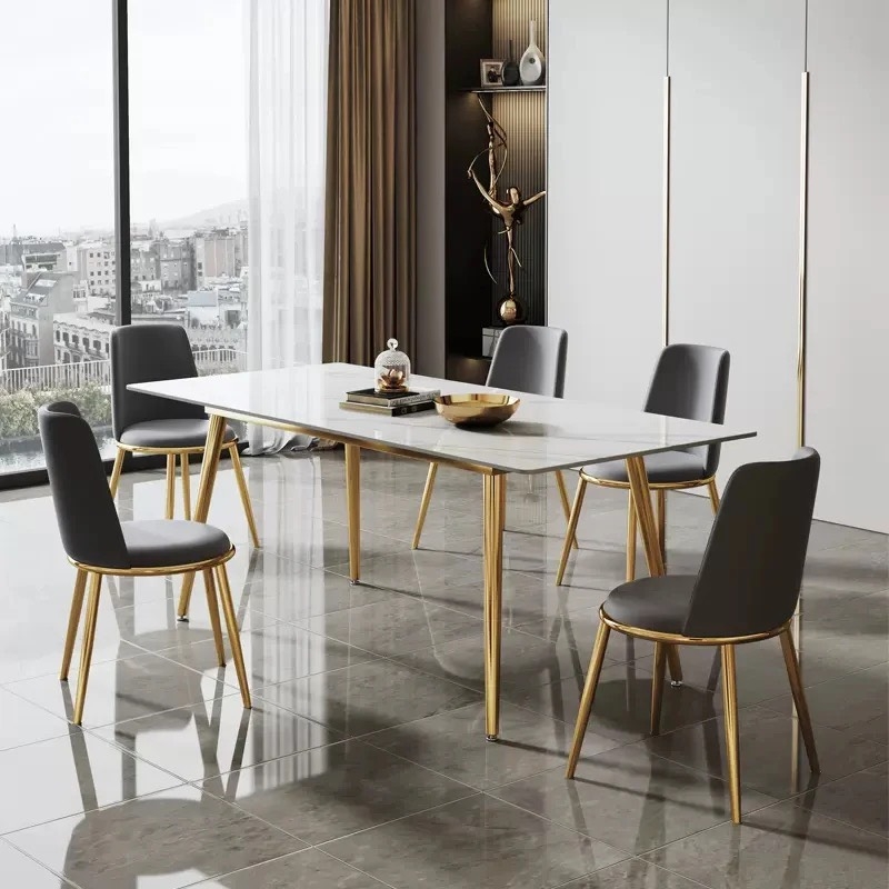 Bàn Ăn Mặt Đá Phiến Ceramic Chân Mạ Vàng - BA17